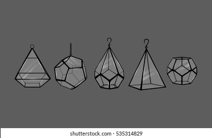 Glass Terrariums. Vector illustration, eps10. Five terrariums with glass isolated on grey background.