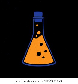 Glass test tube with yellow liquid and cork. Cute icon. Vector shabby hand drawn illustration