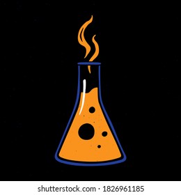 Glass test tube with yellow magic potion. Cute Halloween icon. Vector shabby hand drawn illustration