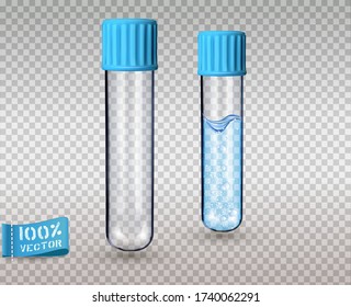 Glass test tubes with blue plastic caps. Empty and filled, on a transparent background. Vector. Element for design, advertising.