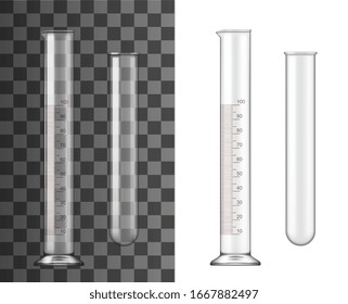 Tubos de prueba de vidrio, máscaras realistas de química aislado vector 3d. Vidrio transparente vacío con líneas de medida de volumen de capacidad para laboratorio químico o médico, plantilla de tubos de ensayo, icono