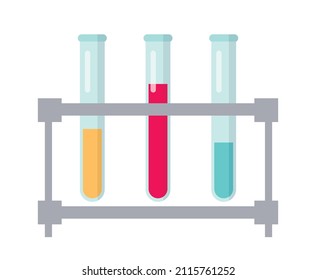 Glass test tubes on lab rack with multicolored liquid. Laboratory concept. Laboratory stand with glassware row and chemical liquids, essences. Chemistry experiment. Isolated flat vector illustration