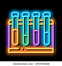 Tubos de prueba de vidrio en la bandeja del tubo Vector de señal de luz de neón biomaterial. Icono brillante ilustración de símbolo transparente