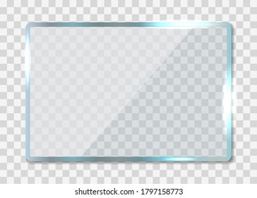 Glass texture. Acrylic window with reflection. Plexiglas with overlay effect. Plastic clear banner with shine, glare on transparent background. Square screen for display, billboard, showcase. Vector.