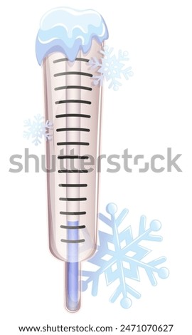 Glass thermometer with low temperature and snow on a white background