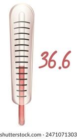Glass thermometer with normal body temperature on a white background