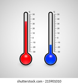 Glass thermometer with scale measuring heat and cold. Isolated on white background. Vector illustration, eps 10.