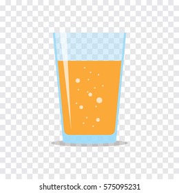 Glass three quarters filled of fresh sparkling orange juice. Flat icon isolated on checkered background. Yellow liquid in transparent container. Stylized vector eps10 illustration with transparency.