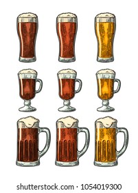 Vaso con tres tipos de cerveza - luz, rojo y porter. Ilustración de grabado de Vector en color de Antiguas. Aislado sobre fondo blanco.