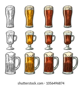 Glass with three types beer - light, red and porter. Vintage black and color vector engraving illustration. Isolated on white background.