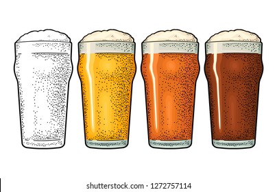 Glass with three types beer - light, red and porter. Vintage black and color vector engraving illustration. Isolated on white background.