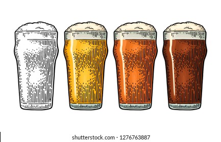 Glass with three types beer - light, red and porter. Vintage black and color vector engraving illustration. Isolated on white background.