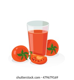 A glass of tomato juice and fresh tomato on white background.