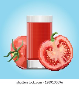A glass of tomato juice with a half of a tomato in front of it and a whole tomato behind it.