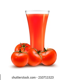 A glass of tomato juice and some ripe tomatoes. Vector.