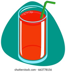 Glass of tomato juice with straw. Isolated. On green background.