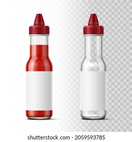 Glass tomato ketchup bottle. Realistic 3D