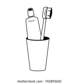 glass with toothpaste and toothbrush in black dotted silhouette vector illustration