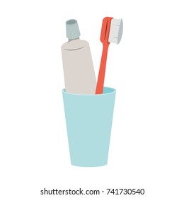 glass with toothpaste and toothbrush colorful silhouette vector illustration