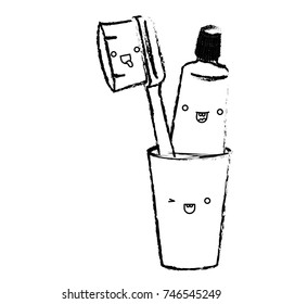 glass with toothpaste and toothbrush female kawaii in monochrome blurred silhouette vector illustration