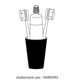 glass with toothpaste and toothbrushes in black silhouette vector illustration