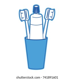 glass with toothpaste and toothbrushes in blue silhouette vector illustration