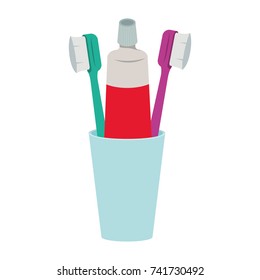 glass with toothpaste and toothbrushes colorful silhouette vector illustration