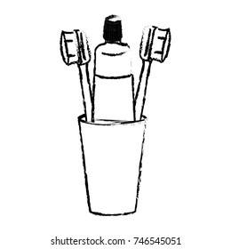 glass with toothpaste and toothbrushes in monochrome blurred silhouette vector illustration