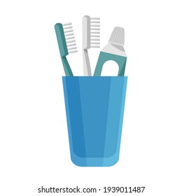 A glass of toothpaste and toothbrushes. Oral hygiene. Healthy lifestyle. Vector illustration isolated on a white background for design and web.