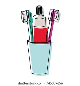 glass with toothpaste and toothbrushes in watercolor silhouette vector illustration