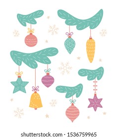 Glass toys on Christmas tree. New Year balls. Set of cute balls for Christmas tree decorations. Collection of vector illustration in cartoon and scandinavian style isolated on white background