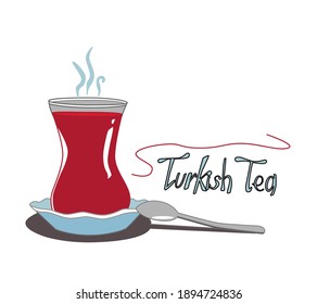 A glass of traditional Turkish tea on a saucer with a spoon and an inscription. Vector illustration isolated on a white background.