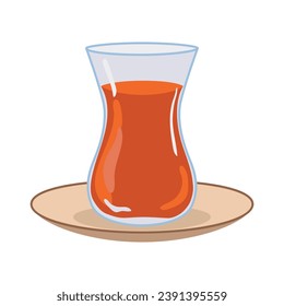 A glass of traditional Turkish tea on a saucer. Vector illustration in flat style on a white background. A recognizable hot drink common in the east.