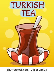 A glass of traditional Turkish tea with a teaspoon on a plate. Vector illustration flat cartoon icon isolated on white.