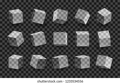 Glass transparent 3D cubes pack isolated. Different light, perspective and angle. Vector illustration