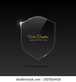 Glass transparent banner in the shape of a shield with reflection and glare of light. Vector eps 10.