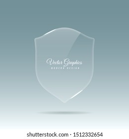 Glass transparent banner in the shape of a shield with reflection and glare of light. Vector eps 10.