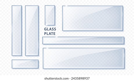 Glass transparent banners set isolated. Realistic glass plate with reflections, glares and light.