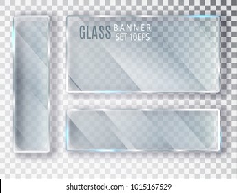 Glass transparent banners set. Vector glass plates with a place for inscriptions isolated on transparent background. Flat glass. Realistic 3D design. Vector transparent object 10 eps.