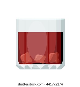 Glass transparent glass with brandy and ice on a white background. Isolate. Cartoon style. Stock vector illustration