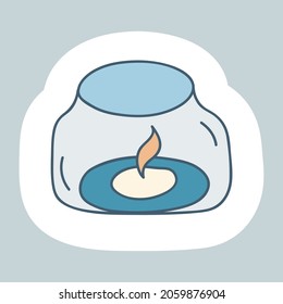 Glass, transparent candlestick, a candle inside the fire burns. Winter Hygge Home decor in a Scandinavian, Nordic and cozy style. Hand drawn cartoon illustration for your design.