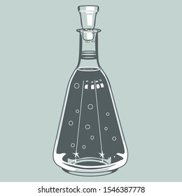 Glass transparent carafe with wine or juice, monochrome illustration in blue-gray tones in vintage style