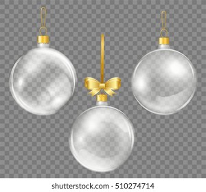 Glass transparent Christmas ball with gold ribbon. Shiny New yea