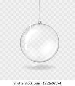 Glass transparent Christmas ball. Holiday decoration template. Vector illustration.