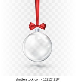 Glass transparent Christmas ball ornate by red bow and ribbon. Element of holiday decoration. Vector illustration isolated on white background