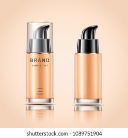 Glass transparent container for liquid foundation or creme fluid isolated on background. Cosmetic package design. 3d vector realistic illustration. Theme of skin care, youth and beauty.