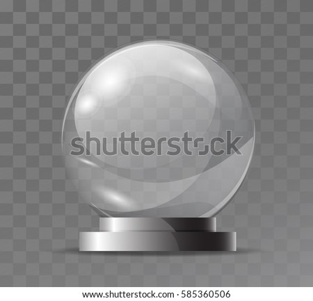 Glass transparent crystal globe.  Magic attribute. Empty sphere. Stand for a souvenir, trophy. Realistic vector object isolated on plaid background .