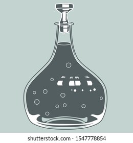 Glass transparent decanter with wine, water or other soft drinks, monochrome illustration in gray tones in vintage style