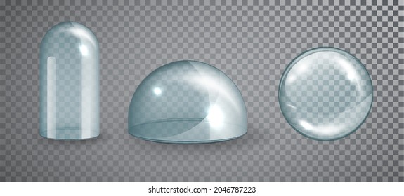 Glass Transparent Dome Set. Empty Glass Crystal Dome. Realistic 3D Vector Isolated On Transparent Background Illustration