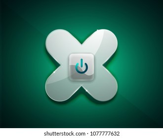 Glass transparent effect blue power start button, on off icon, vector UI or app symbol design. Vector illustration